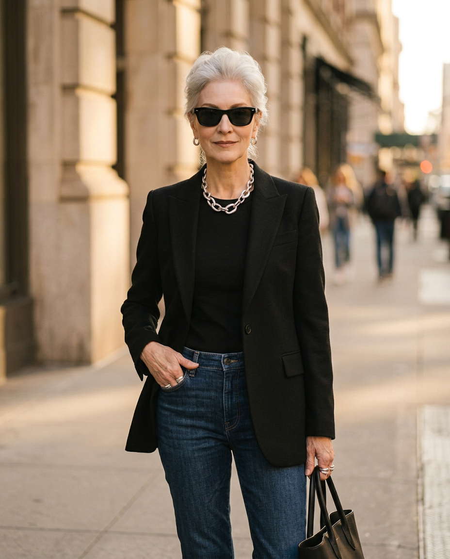 Grace Uncommon walking through the city in a black blazer, sunglasses, and denim